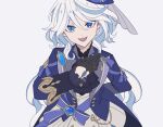  1girl :d ascot black_ascot black_gloves blue_brooch blue_eyes blue_gemstone blue_hair blue_headwear blue_jacket drop-shaped_pupils furina_(genshin_impact) gem genshin_impact gloves hair_between_eyes hat heterochromia highres jacket light_blue_hair long_hair long_sleeves looking_at_viewer mismatched_pupils multicolored_hair open_mouth smile solo top_hat white_hair yuyouxingx 