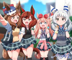  4girls absurdres agnes_digital_(umamusume) alternate_costume animal_ears awaji_(hotel_kyuu_awaji) blurry blurry_background blush bow brown_hair commentary_request eating food grey_eyes grey_hair hair_bow hat highres hishi_miracle_(umamusume) horse_ears horse_tail long_hair matikane_tannhauser_(umamusume) medium_hair multiple_girls nice_nature_(umamusume) open_mouth pink_hair popsicle redhead school_uniform signature tail umamusume yellow_eyes 