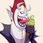  1boy black_gloves closed_eyes eating food gecko_moria gloves high_collar holding holding_food holding_ice_cream horns ice_cream ice_cream_cone licking male_focus monster_boy msvekla one_piece open_mouth pale_skin pointy_ears portrait purple_lips redhead sharp_teeth spiky_hair stitches teeth tongue tongue_out 