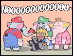  2boys 2girls apple armlet ayyk92 bare_shoulders barefoot black_dress blank_eyes blonde_hair blue_gemstone blue_overalls bowsette brooch cabbie_hat chibi colored_skin constricted_pupils crown dress earrings elephant_boy elephant_fruit elephant_luigi elephant_mario elephant_princess_peach facial_hair food forced frown fruit gem gloves green_headwear green_shirt grey_skin hair_between_eyes hat holding holding_another&#039;s_wrist holding_food holding_fruit jewelry letter_print multiple_boys multiple_girls mustache no off-shoulder_dress off_shoulder orange_background overalls pink_dress pink_skin ponytail red_apple red_headwear red_shirt restrained sharp_teeth shirt shouting sphere_earrings spiked_shell spiked_tail strapless strapless_dress super_crown super_mario_bros. super_mario_bros._wonder tail teeth thick_eyebrows turtle_shell waving_legs wavy_hair white_gloves 