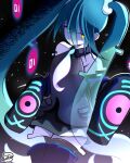 1girl absurdres bare_shoulders black_sleeves black_thighhighs detached_sleeves dwotea ghost_miku_(project_voltage) glitch grey_shirt hair_between_eyes hatsune_miku highres long_hair necktie pokemon project_voltage shirt sleeves_past_fingers sleeves_past_wrists solo thigh-highs twintails very_long_hair yellow_eyes 