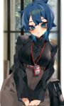  1girl aridonall bag belt black_sweater blue_eyes blue_hair blurry blurry_background blush breasts brown_belt brown_pants head_tilt high-waist_pants highres id_card looking_at_viewer medium_breasts original own_hands_together pants photo_background ponytail ribbed_sweater solo sweater 