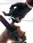  2boys black_gloves cigarette close-up gloves hand_focus holding holding_cigarette holding_sword holding_weapon katana male_focus multiple_boys one_piece p14valentine pinky_swear roronoa_zoro sanji_(one_piece) smoke sword weapon 