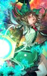  1girl aiming aiming_at_viewer arm_behind_head arm_cannon attack bird_wings black_hole black_wings bow brown_hair buttons capelet center_frills clothes_lift extra_eyes eyelashes feathered_wings frilled_skirt frills game_cg glowing green_bow green_skirt hair_bow hair_lift lightning long_hair looking_at_viewer miniskirt nozaki_tsubata official_art open_mouth ponytail puffy_short_sleeves puffy_sleeves red_eyes reiuji_utsuho shirt short_sleeves skirt skirt_lift smile solo teeth third_eye_on_chest touhou touhou_cannonball weapon white_capelet white_shirt wings 