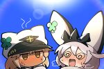  2girls @_@ ahoge blonde_hair blush cape chibi clover collar dark-skinned_female dark_skin elphelt_valentine four-leaf_clover guilty_gear guilty_gear_strive guilty_gear_xrd hair_between_eyes hairband huge_ahoge itsuka_neru long_hair looking_at_viewer multiple_girls nose_blush open_mouth orange_eyes ramlethal_valentine spiked_collar spiked_hairband spikes white_hair white_headwear 