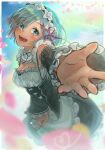  1girl blue_eyes blue_hair blush detached_sleeves eyes_visible_through_hair frilled_sleeves frills hair_ornament hair_over_one_eye hair_ribbon highres maid maid_headdress pink_ribbon pupue_picture1 re:zero_kara_hajimeru_isekai_seikatsu reaching reaching_towards_viewer rem_(re:zero) ribbon ribbon-trimmed_clothes ribbon_trim roswaal_mansion_maid_uniform short_hair solo x_hair_ornament 