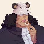  1boy animal_ears bartholomew_kuma bear_ears bear_paws black_hair curly_hair eating empty_eyes food holding holding_food holding_ice_cream ice_cream licking long_hair male_focus msvekla one_piece open_mouth teeth tongue tongue_out two-tone_shirt white_headwear 