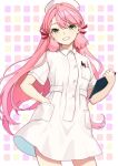  1girl akashi_(kancolle) alternate_costume blunt_tresses clipboard cowboy_shot dress green_eyes grin hair_ribbon hand_in_pocket hat kantai_collection long_hair mitsuyo_(mituyo324) nurse nurse_cap pink_hair ribbon smile solo square_background standing tress_ribbon white_dress 