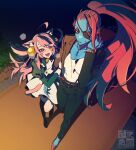  2girls animal_ears bell black_suit blue_skin blush cat_ears cat_tail colored_skin deltarune fang gloves highres mad_dummy_(undertale) mad_mew_mew multiple_girls open_mouth parchment pink_hair redhead shirt suit tail undertale undyne walking white_gloves white_shirt yellow_eyes yokaze_(xxxdisxxx) 