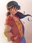  1girl baseball_cap bishoujo_senshi_sailor_moon brown_hair denim earrings green_eyes hands_in_pockets hat hosiman jacket jeans jewelry kino_makoto lips official_alternate_costume pants simple_background solo standing 