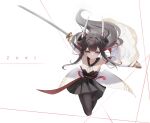  1girl azur_lane bare_shoulders black_hair black_pantyhose black_skirt closed_mouth colored_inner_hair detached_sleeves galodos hatsuzuki_(azur_lane) highres holding holding_sheath holding_sword holding_weapon horn_ornament horns japanese_clothes katana long_hair looking_at_viewer multicolored_hair pantyhose pleated_skirt redhead sheath simple_background skirt solo sword weapon 