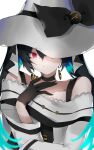  1girl bare_shoulders bow dark_miku_(project_voltage) earrings hat hat_bow hat_over_one_eye hatsune_miku jewelry kuci_nasi luxury_ball poke_ball pokemon project_voltage red_eyes simple_background solo vocaloid white_background 