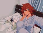  2girls blue_eyes blue_pajamas blue_pants blue_shirt blush closed_mouth collared_shirt curtains green_shirt grey_eyes grey_hair gundam gundam_suisei_no_majo hair_between_eyes hand_on_own_cheek hand_on_own_face highres holding holding_phone indoors knees_up long_hair long_sleeves looking_at_phone looking_at_viewer lying miorine_rembran multiple_girls on_back on_bed outstretched_arm pajamas pants phone pillow redhead shirt sitting smile suletta_mercury taking_picture tanutotomato under_covers 