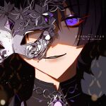  1boy 1eternalstar artist_name black_shirt blunt_ends brooch close-up collared_shirt gem genshin_impact hair_between_eyes hair_over_one_eye highres holding holding_mask instagram_username jewelry looking_at_viewer mask one_eye_covered parted_lips portrait purple_gemstone purple_hair scaramouche_(genshin_impact) shirt sidelocks silver_trim solo twitter_username violet_eyes watermark 