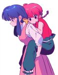  2girls ass bow braid braided_ponytail breasts carrying closed_mouth couple dress hair_bow highres multiple_girls piggyback pink_dress ranma-chan ranma_1/2 redhead sanamaru_(sana79261827) simple_background tendou_akane yellow_bow 