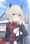  1girl absurdres alternate_costume animal_ears bag black_sweater blue_sky blush bow commentary_request curren_chan_(umamusume) ear_bow ear_covers grey_eyes hair_between_eyes highres horse_ears horse_girl looking_at_viewer outdoors parted_lips plaid plaid_scarf red_bow scarf sevlhd_hero shoulder_bag sky snow snowman solo sweater umamusume upper_body violet_eyes visible_air white_bow 