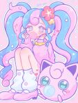  1girl blue_eyes blue_hair blush chewing_gum colored_eyelashes commentary_request curly_hair fairy_miku_(project_voltage) flower full_body hair_flower hair_ornament hands_up hatsune_miku heart highres jigglypuff knees_up long_hair long_sleeves looking_at_viewer loose_socks multicolored_hair nail_polish outline pink_background pink_eyes pink_footwear pink_hair pink_sweater pink_theme pokemon pokemon_(creature) project_voltage red_flower scrunchie shiroiri_goma sidelocks sitting socks solo star_(symbol) sweater twintails twitter_username two-tone_hair very_long_hair vocaloid white_outline white_socks wrist_scrunchie yellow_flower yellow_scrunchie 