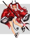  1girl black_horns black_shorts blush demon_girl demon_tail flower fuji_tarawi hair_flower hair_ornament highres holding holding_staff horns jacket jacket_on_shoulders long_hair looking_at_viewer open_mouth original red_eyes red_jacket red_sweater redhead round_eyewear shoes short_shorts shorts sneakers solo spider_lily staff sweater tail twintails two-tone_background very_long_hair 