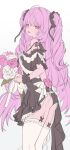  1girl absurdres black_ribbon bouquet copyright_request flower freng garter_straps highres holding holding_bouquet long_hair looking_at_viewer low_twintails open_mouth pink_hair red_eyes ribbon smile solo twintails very_long_hair 