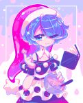  1girl ;3 absurdres black_capelet blue_hair book bowl capelet closed_mouth commentary doremy_sweet dress hair_over_one_eye hat highres looking_at_viewer nightcap one_eye_closed pom_pom_(clothes) red_headwear short_hair solo symbol-only_commentary touhou user_reimuis white_dress 