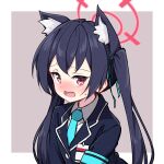  1girl animal_ear_fluff animal_ears black_hair black_jacket blazer blue_archive blue_necktie blue_ribbon blush border cat_ears cat_girl collared_shirt extra_ears fang hair_ribbon halo hazumi_otoya highres id_card jacket long_hair looking_at_viewer necktie open_mouth outside_border red_eyes ribbon serika_(blue_archive) shirt solo sweatdrop twintails upper_body white_border white_shirt 