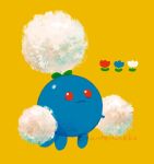  :3 blue_flower closed_mouth cotton_ball flower jumpluff niwabuki no_humans pokemon pokemon_(creature) red_eyes red_flower simple_background twitter_username white_flower yellow_background 