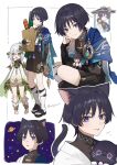  1boy 1girl absurdres animal_ears animalization armor bag black_hair cat cat_ears cat_tail dress eyeshadow genshin_impact green_eyes green_hair grey_hair hair_ornament hat highres holding holding_bag japanese_armor jingasa kote kurokote long_hair looking_at_viewer makeup mandarin_collar multiple_views nahida_(genshin_impact) open_mouth paper_bag parted_lips pointy_ears red_eyeshadow scaramouche_(cat)_(genshin_impact) scaramouche_(genshin_impact) simple_background standing tail toeless_footwear toenails toes tongue twitter_username unapoppo violet_eyes vision_(genshin_impact) wanderer_(genshin_impact) 