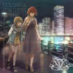 2girls absurdres album_cover aqua_jacket blonde_hair brown_hair building commentary_request cover dress full_body gradient_hair green_hair highres idolmaster idolmaster_shiny_colors jacket low_twintails medium_dress miniskirt multicolored_hair multiple_girls night official_art outdoors shhis_(idolmaster) shoes skirt sneakers twintails yellow_skirt 
