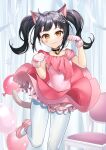  1girl ahoge animal_ear_fluff animal_ears balloon bell black_choker black_hair bon_(bonbon315) cat_ears cat_girl cat_hair_ornament cat_tail chair choker closed_mouth dress gloves hair_ornament highres looking_at_viewer medium_hair neck_bell original panties paw_pose paw_print pink_dress pink_footwear pink_gloves ribbon smile solo tail twintails underwear white_panties white_ribbon yellow_eyes 