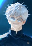  1boy blackbox_(blackbox9158) blue_eyes commentary_request gojou_satoru jujutsu_kaisen looking_at_viewer male_focus portrait round_eyewear short_hair smile solo teeth twitter_username white_hair 