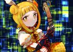  1girl armor armored_dress blonde_hair closed_mouth double_bun dress hair_bun hair_ribbon itomugi-kun joutouguu_mayumi puffy_short_sleeves puffy_sleeves ribbon short_hair short_sleeves solo touhou upper_body yellow_dress yellow_eyes yellow_ribbon 