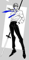  1boy absurdres bags_under_eyes blue_necktie blue_ribbon cigarette collared_shirt dress_shoes facial_hair fate/grand_order fate_(series) full_body goatee hair_ribbon hand_in_pocket haruakira hector_(fate) highres holding holding_polearm holding_weapon lance long_hair male_focus mature_male monochrome necktie polearm ponytail ribbon shirt sleeves_past_elbows smoke smoking spot_color undone_necktie weapon wristband 