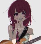  1girl bass_guitar black_bow blush bocchi_the_rock! bow braid dated dress english_text green_dress grey_background grin hair_bow happy_birthday highres hiroi_kikuri instrument long_hair looking_at_viewer off_shoulder purple_hair single_braid smile solo to9_722 violet_eyes 