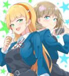  2girls absurdres blonde_hair blue_eyes blue_jacket blunt_bangs breasts closed_mouth collared_shirt dress green_eyes grey_dress hairband heanna_sumire highres holding holding_ice_cream_cone holding_phone ice_cream_cone jacket light_blush light_brown_hair long_hair long_sleeves looking_at_viewer love_live! love_live!_superstar!! medium_breasts multiple_girls neck_ribbon open_clothes open_jacket open_mouth orange_hairband phone pinafore_dress red_ribbon ribbon school_uniform shirt short_hair sleeveless sleeveless_dress smile star_(symbol) tang_keke thio_lovelive white_background white_shirt yuigaoka_school_uniform 