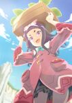  1girl :d arms_up blue_flower blue_sky blush bow box braid clouds coat collar commentary_request day fang farmer_(frederica) flower frederica_(game) from_below hair_bow hairband highres holding holding_box long_hair looking_at_viewer mukai open_mouth outdoors pocket purple_hair red_coat skin_fang sky smile solo violet_eyes white_bow white_collar white_hairband wooden_box 