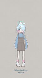  1girl :o alternate_costume arona_(blue_archive) asymmetrical_sidelocks bag blue_archive blue_eyes blue_hair blue_halo blue_shirt blush_stickers bow_hairband braid braided_sidelock character_name colored_inner_hair commentary copyright_name full_body grey_background grey_overalls hair_over_one_eye hairband halo handbag highres long_hair looking_to_the_side multicolored_hair open_mouth overalls pink_hair pink_socks shirt shoes simple_background single_braid sleeves_past_fingers sleeves_past_wrists socks solo standing two-tone_hair white_footwear white_hairband zumi6 