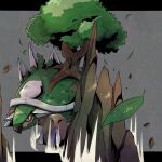  10ma10dantali0n animal_focus brown_eyes debris grey_background leaf letterboxed no_humans pokemon pokemon_(creature) pokemon_move rock simple_background solo stone_edge_(pokemon) torterra tree 