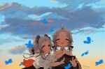  +_+ 2girls :o antenna_hair blue_butterfly blue_sky blush bug butterfly closed_eyes clouds cloudy_sky commentary_request grey_hair highres koebushi_(mat) low_twintails monster_girl multiple_girls original outdoors pointy_ears short_eyebrows sky sunset thick_eyebrows twintails upper_body 