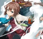  1girl artist_logo blue_eyes blue_necktie brown_hair collared_shirt cowboy_shot dress dress_shirt hair_ribbon highres kantai_collection kazagumo_(kancolle) long_hair looking_at_viewer machinery necktie ponytail purple_dress ribbon shirt smoke smokestack solo sunday_aki white_shirt 