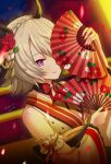  1girl animal_ears arm_up blurry blurry_background bow braid closed_mouth crown_braid curren_chan_(umamusume) depth_of_field detached_sleeves flower folding_fan grey_hair hair_flower hair_ornament hair_over_one_eye hand_fan highres holding holding_fan horse_ears japanese_clothes kimono kuzumochi_(kuzumochiya) long_sleeves looking_at_viewer nail_polish red_bow red_flower red_nails sleeveless sleeveless_kimono smile solo umamusume violet_eyes white_flower wide_sleeves yellow_kimono yellow_sleeves 