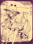  1girl animal_print foot_out_of_frame frog_print hair_ribbon hat long_sleeves looking_at_viewer medium_hair monochrome moriya_suwako open_mouth orita_enpitsu ribbon shoes skirt skirt_set smile solo standing standing_on_one_leg thigh-highs torii touhou traditional_media translation_request turtleneck vest wide_sleeves 