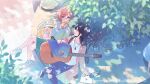  2girls arisugawa_natsuha belt black_hair blue_eyes coat commentary_request crossed_legs day denim dog_tags guitar hair_bun highres idolmaster idolmaster_shiny_colors instrument jeans long_hair mitsumine_yuika multiple_girls notebook official_art orange_hair outdoors pants round_eyewear shirt shoes single_hair_bun sitting sneakers torn_clothes torn_jeans torn_pants white_shirt 