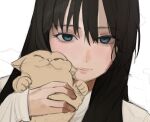  1girl animal blue_eyes cat copyright_request freng highres holding holding_animal holding_cat long_hair long_sleeves looking_at_viewer shirt simple_background solo whiskers white_background white_shirt 