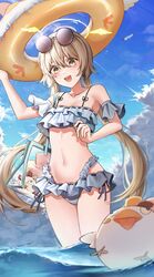  1girl absurdres bare_shoulders bikini blue_archive brown_eyes brown_hair halo hifumi_(blue_archive) hifumi_(swimsuit)_(blue_archive) highres looking_at_viewer navel nyong_sang peroro_(blue_archive) solo swimsuit thighs tube white_bikini 