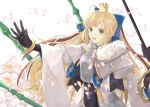  absurdres ahoge armor armored_dress artoria_caster_(fate) artoria_caster_(third_ascension)_(fate) artoria_pendragon_(fate) black_gloves blonde_hair blue_bow blue_ribbon bow bracelet breasts cape crown diamond_(shape) dress elbow_gloves fate/grand_order fate_(series) fur_trim gloves green_eyes hair_bow highres jewelry long_hair long_sleeves open_mouth petals redhead ribbon simple_background small_breasts suama_(0122) white_dress white_fur 