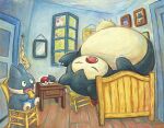  :o absurdres bed chair commentary ditto dutch_commentary eating english_commentary fine_art_parody highres indoors looking_at_another mew_(pokemon) mixed-language_commentary munchlax no_humans official_art painting_(medium) painting_(object) parody pikachu poke_ball poke_ball_(basic) pokemon pokemon_(creature) sitting sleeping snorlax sowsow the_bedroom_(van_gogh) traditional_media window 