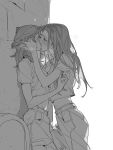 2girls ahndory blush breath commentary english_commentary greyscale hand_on_another&#039;s_face highres kiss long_hair monochrome multiple_girls original pants shirt short_sleeves t-shirt yuri 