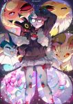  1girl :o absurdres commentary_request flareon glasses green_hair grey_eyes grey_pantyhose hand_in_pocket highres hood hoodie jolteon katatsumuri_72 leafeon long_sleeves looking_at_viewer multicolored_hair open_mouth pantyhose penny_(pokemon) poke_ball_print pokemon pokemon_(creature) pokemon_(game) pokemon_sv redhead round_eyewear see-through see-through_skirt short_hair shorts skirt sylveon two-tone_hair umbreon vaporeon 