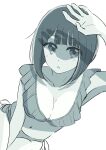  1girl absurdres arima_kana bob_cut chouchou_aile greyscale highres inverted_bob light_blush monochrome navel one-piece_swimsuit oshi_no_ko short_hair simple_background solo swimsuit white_background 