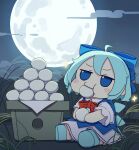  1girl absurdres ahoge blue_bow blue_dress blue_eyes blue_footwear blue_hair blush_stickers bow cirno collared_shirt dango dress eating fairy food full_moon fumo_(doll) hair_between_eyes hair_bow highres ice ice_wings kame_(kamepan44231) moon revision shirt shoes short_hair short_sleeves solo touhou tsukimi_dango wagashi white_shirt wings 